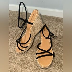 Black Strappy Espadrille Wedge Sandals